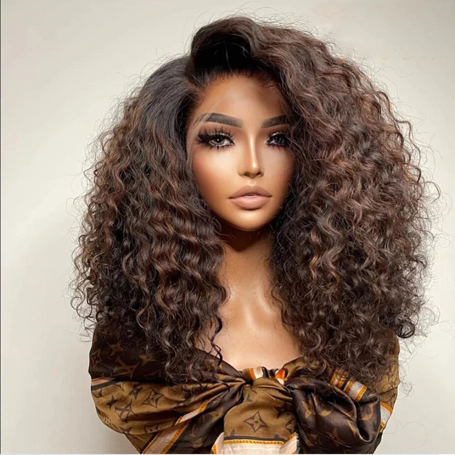 Soft 26Inch Long Brown 180Density Ombre Blonde Kinky Curly Lace Front Wig For Black Women Baby Hair Daily Preplucked Glueless