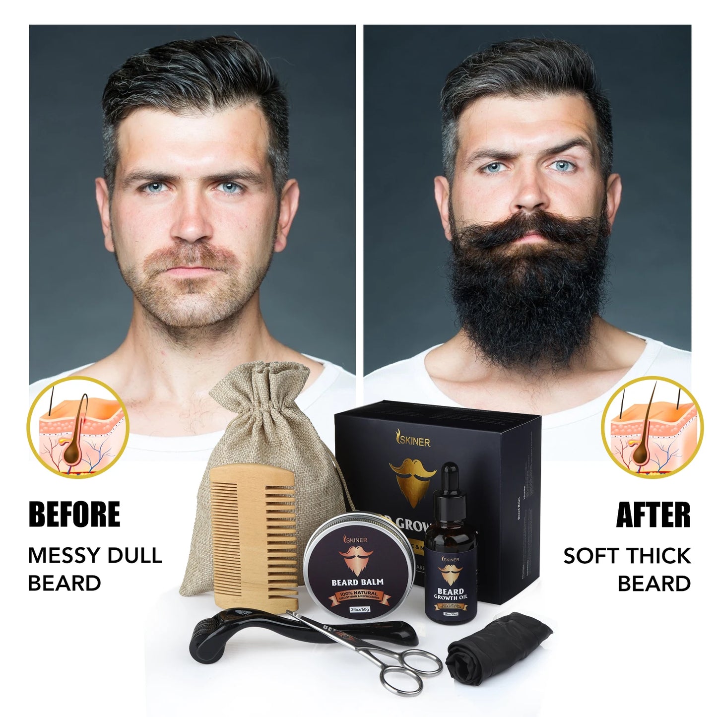 Beard Growth Kit Beard Hair Enhancer Growth Thickening Activator Serum Beard Oil, Beard Balm, Bamboo Brush Comb Beard Care Kit