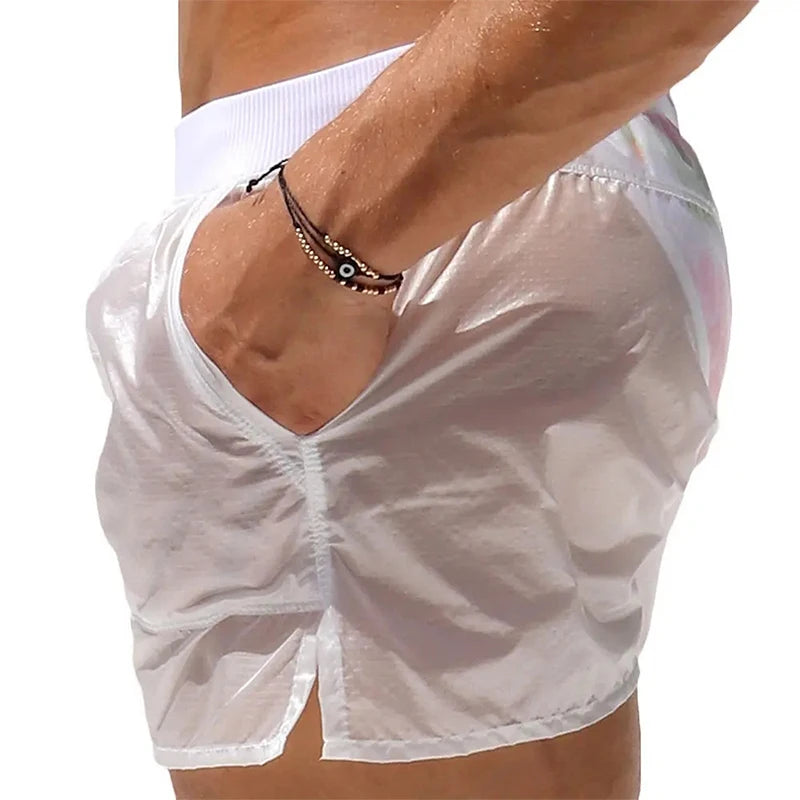 Mens swim trunks Elastic Waist See-through Summer Beach Shorts Low Waist bathing suit Swimwear with Pockets