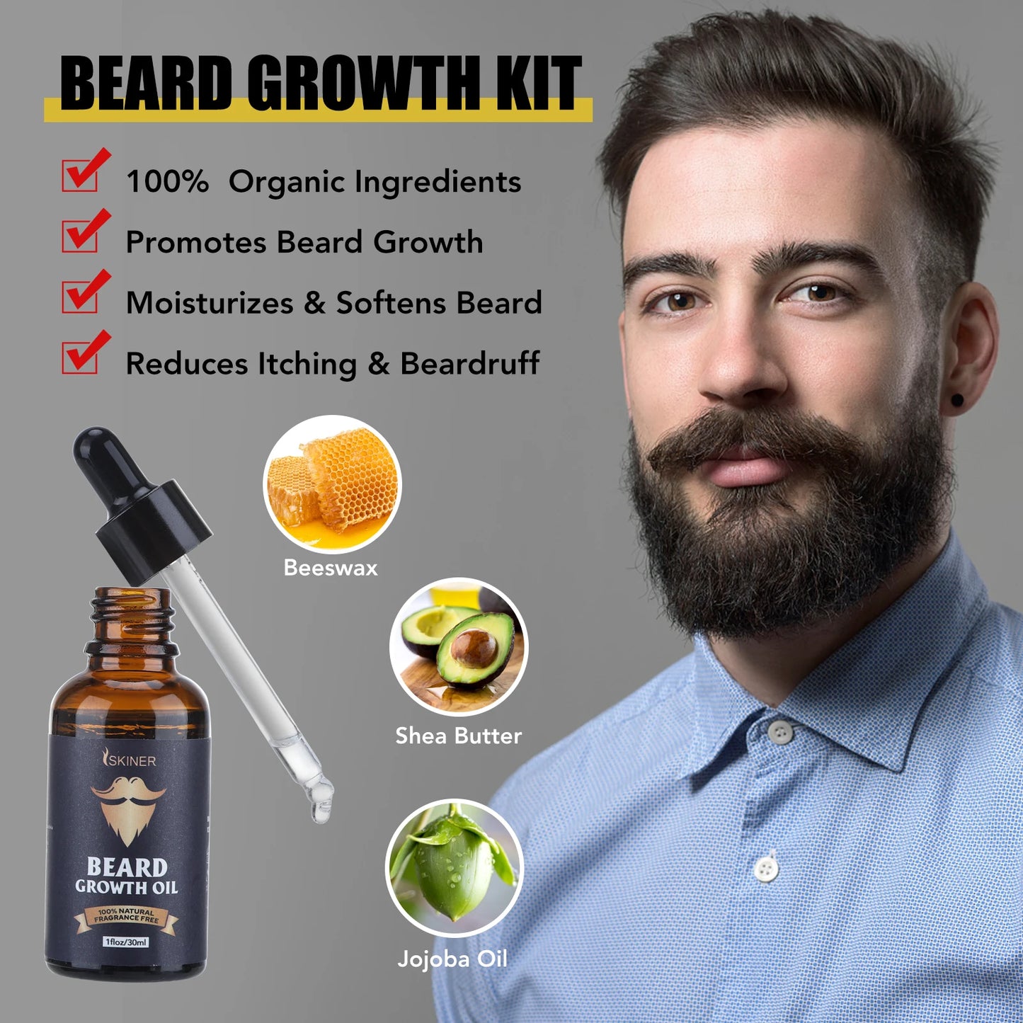 Beard Growth Kit Beard Hair Enhancer Growth Thickening Activator Serum Beard Oil, Beard Balm, Bamboo Brush Comb Beard Care Kit