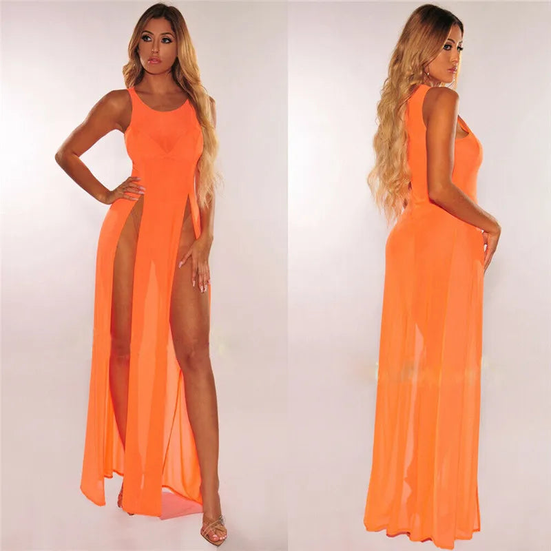 Hot Woman Sexy Mesh Sheer Long Dress See Through Bikini Cover Up Beach Sundress Solid Long Dress Sleeveless Strap Dress