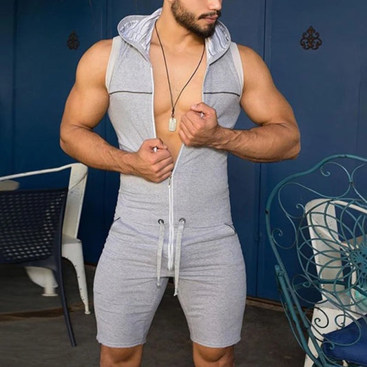 Men Short Jumpsuit Tight Sleeveless Bodysuit Zipper Hooded Rompers Short Pants Casual Home Wear Tracksuit Pajamas