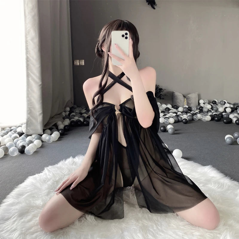 Women Sexy Lingerie Lace Nightgown Sleeveless Open Chest Sleepwear Soft Pajama Dress Short Nightdress Halter Boudoir Outfits