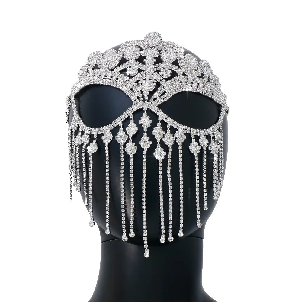 Rhinestone Tassel Veil Masks Full Face Women Chains Face Mask Masquerade Dance Party Performance Sexy Facial Accessories Jewelry