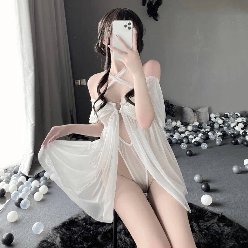 Women Sexy Lingerie Lace Nightgown Sleeveless Open Chest Sleepwear Soft Pajama Dress Short Nightdress Halter Boudoir Outfits