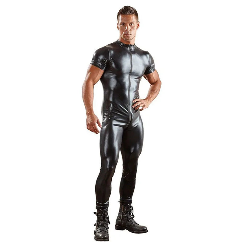 Wetlook Fetish Men PVC Leather Bodysuit Catsuit BDSM Gay Tight Erotic Lingerie Sexy Sissy Jumpsuit Pants Male Latex Underwear