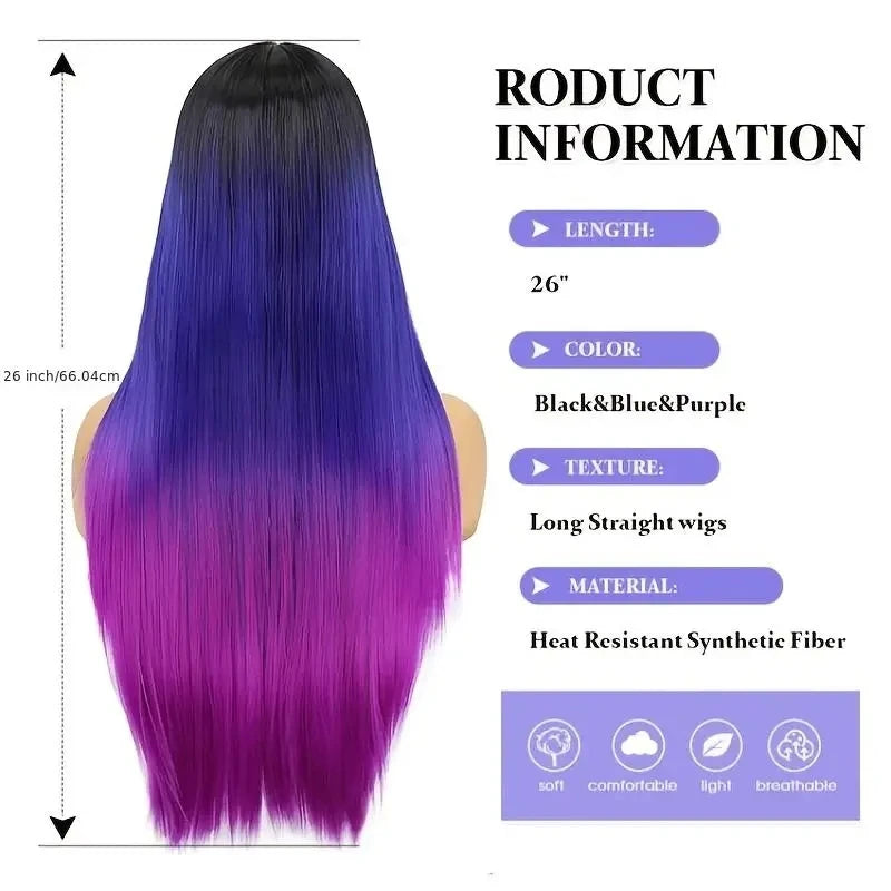 Ombre Rainbow Black Blue Purple Long Straight Synthetic Wigs for Women Red Black Cosplay Wig for Christmas Heat Resistant Fiber