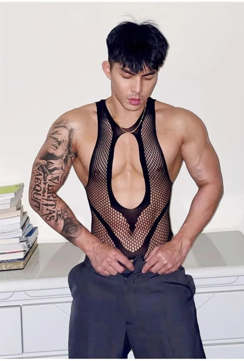 Mens Fishnet Bodysuit Gay Fetish Lingerie Elastic Bodystocking Transparent Porno Costume Sissy Lingerie Club Wear Male Nightwear