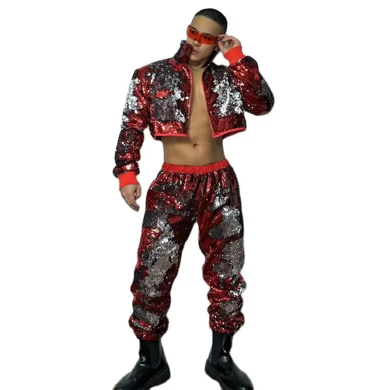 Red Silver Sequins Suits Men Nightclub Ds Dj Gogo Dancer Costumes Stage Performance Muscle Man Sexy Pole Dance Outfits XS8090