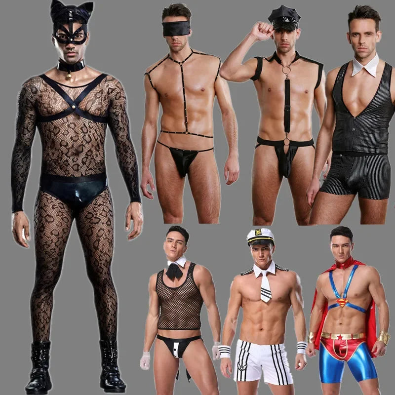 Mens Sexy Cosplay Costume Erotic Uniforms Bunny Police Waiter Doctor Role Play Outfit Male Stage Nightclub Carnival Party Outfit