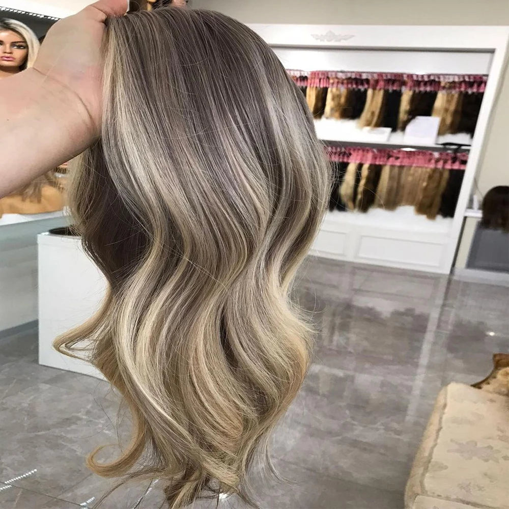 Highlighted Human Hair Lace Frontal Wig Ash Brown Blonde Virgin Human Hair Wig Short Medium Natural Wave Lace Front Wig HD 180%