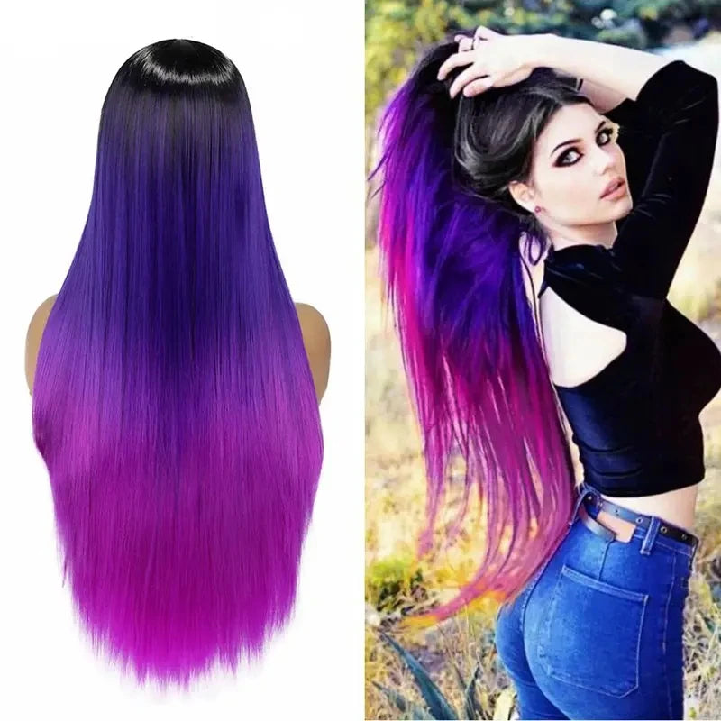 Ombre Rainbow Black Blue Purple Long Straight Synthetic Wigs for Women Red Black Cosplay Wig for Christmas Heat Resistant Fiber