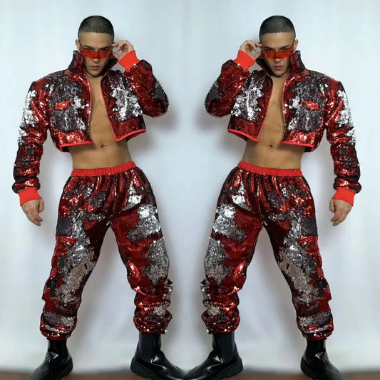 Red Silver Sequins Suits Men Nightclub Ds Dj Gogo Dancer Costumes Stage Performance Muscle Man Sexy Pole Dance Outfits XS8090