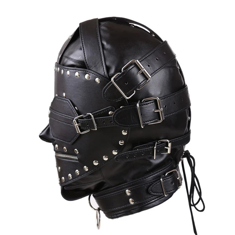 Full Head Restraint BDSM Leather Hood Erotic Slave Blindfold Sensory Deprivation Fetish Gimp Hood Sex Toy for Couples Adult Game