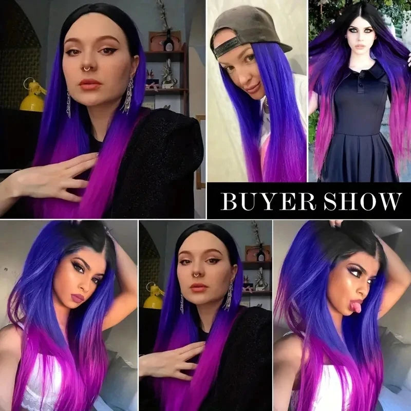 Ombre Rainbow Black Blue Purple Long Straight Synthetic Wigs for Women Red Black Cosplay Wig for Christmas Heat Resistant Fiber