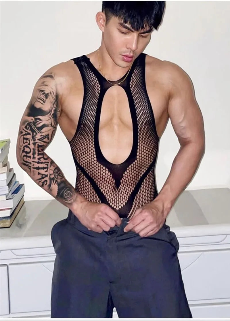 Mens Fishnet Bodysuit Gay Fetish Lingerie Elastic Bodystocking Transparent Porno Costume Sissy Lingerie Club Wear Male Nightwear