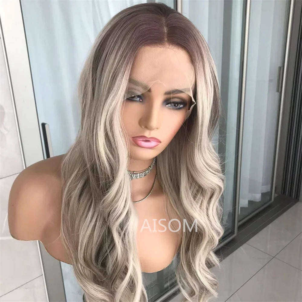 Long Wavy Lace Front Wig Synthetic Hair for Women Highlight Blonde Glueless Lace Frontal Body Wave Wigs Preplucked Daily Cosplay